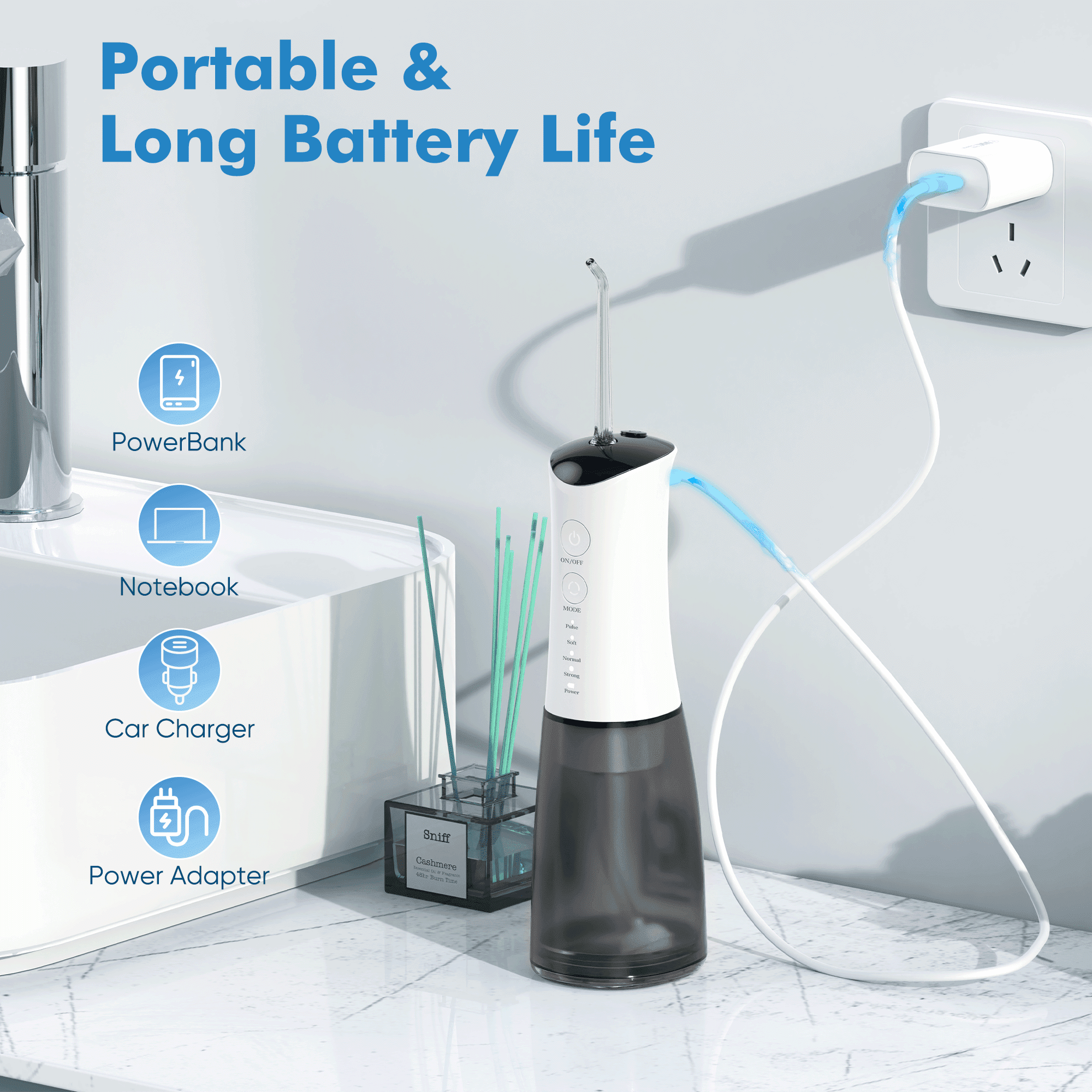 VIIWII Portable Water Flosser – 360ML Oral Irrigator for Teeth & Braces, IPX7 Waterproof, Rechargeable Dental Cleaner with 5 Nozzles, White