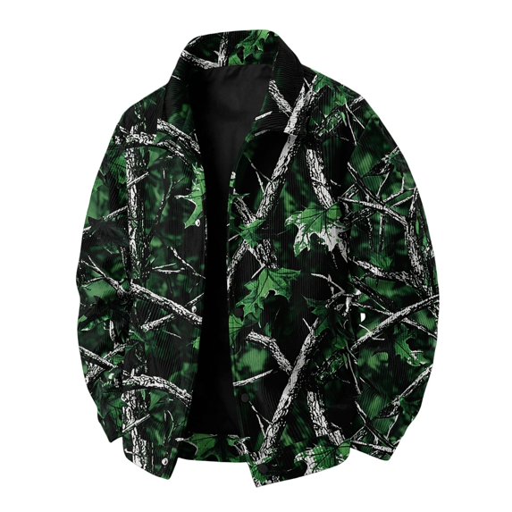 GrmtClth Retro Mens Leaf Camo Retro Woodland Print Jacket Long Sleeve Snap Closure Loose Fit Autumn Daily Outerwear Green 3XL