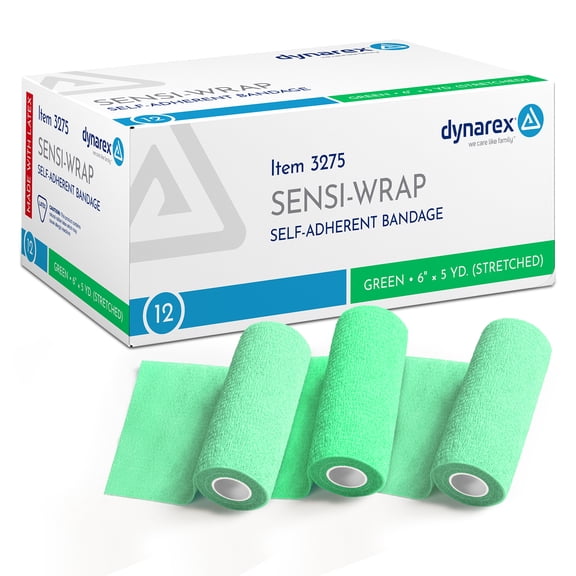 Dynarex Sensi-Wrap Self-Adhesive Bandages, 12-Pack, 6" x 5 yards, Green, Latex, Colored Elastic Cohesive Athletic Tape, Tattoo Grip & Vet Wrap
