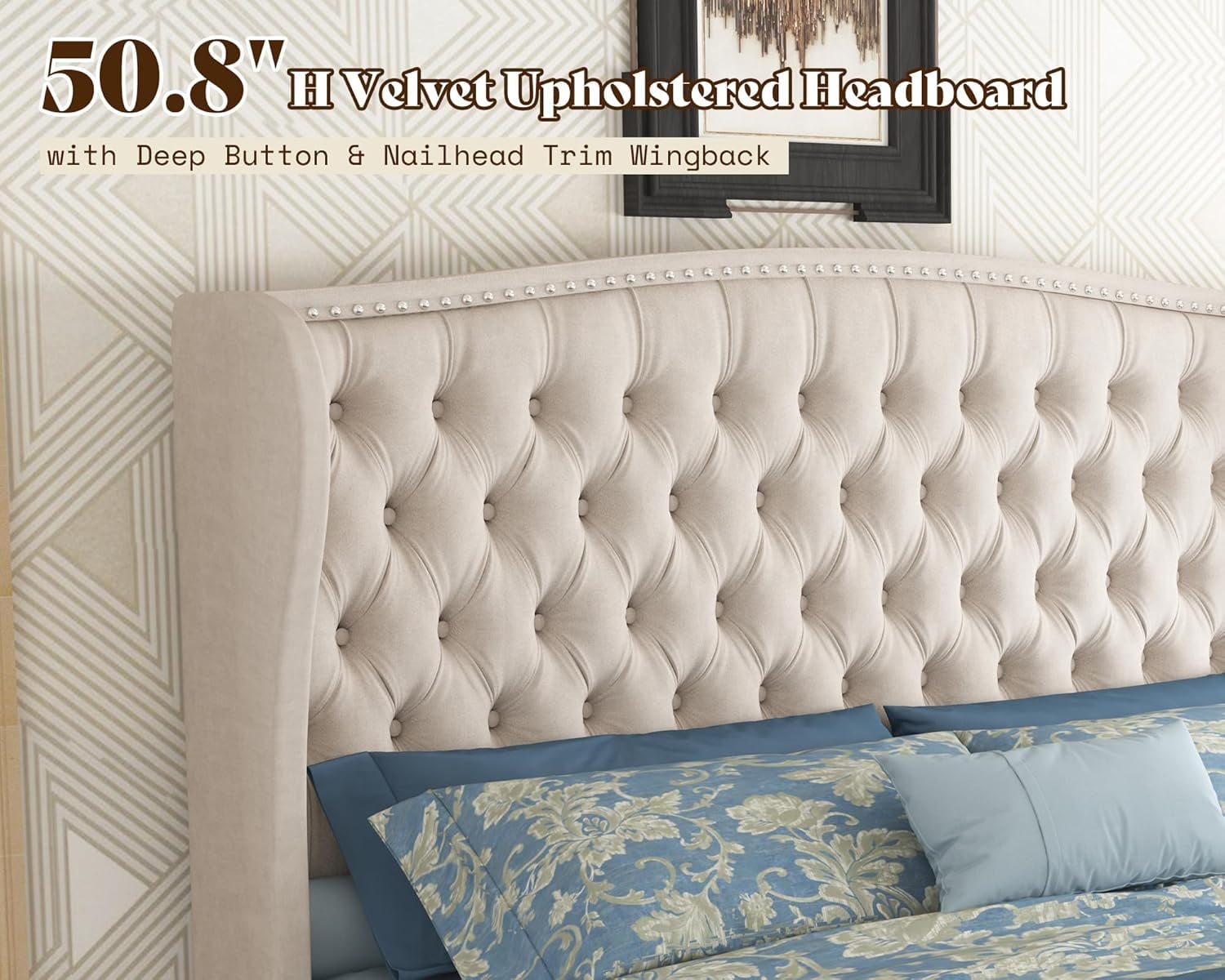 PLAUIN Queen Size Bed Frame, Deep Button Tufted Wingback with Nailhead Trim & Adjustable Base, Cream