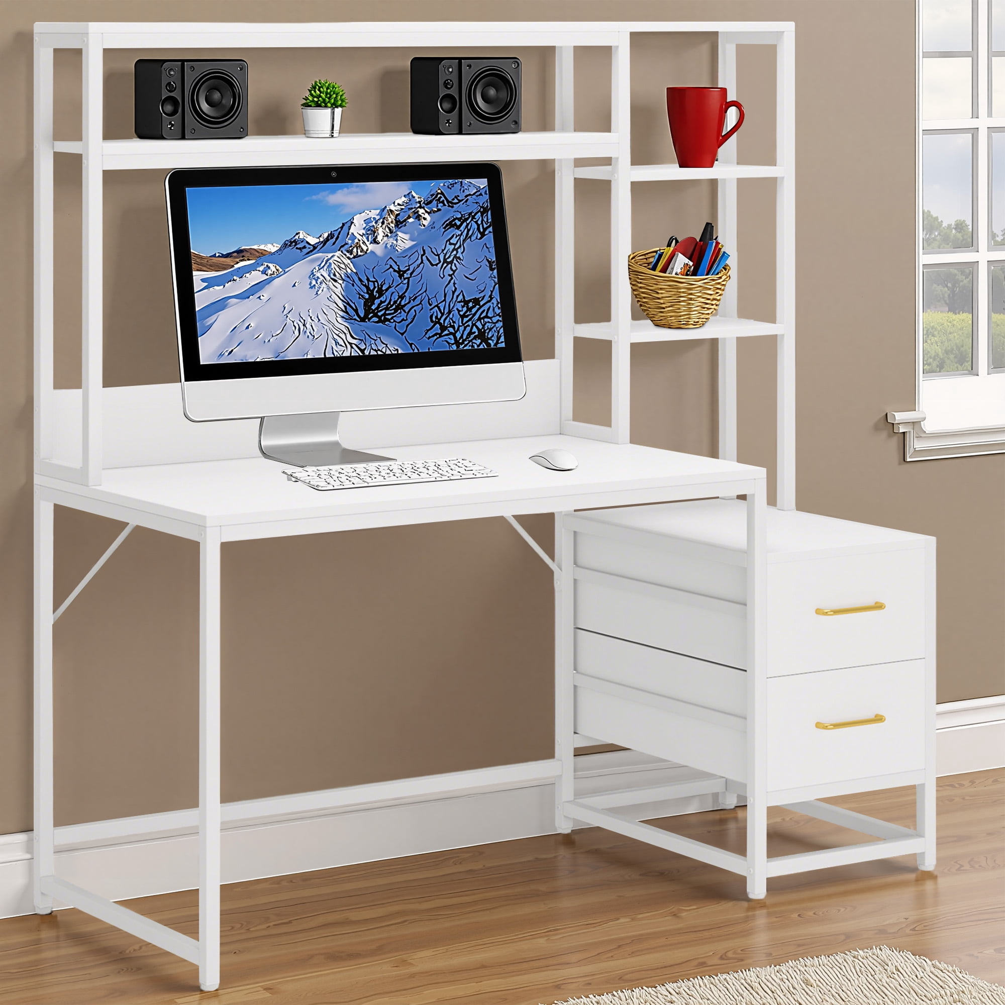MAYEERTY All-in-One Computer Desk, Multifunctional Workstation with 2 Drawers, Top Hutch & Storage Shelves, Industrial Style
