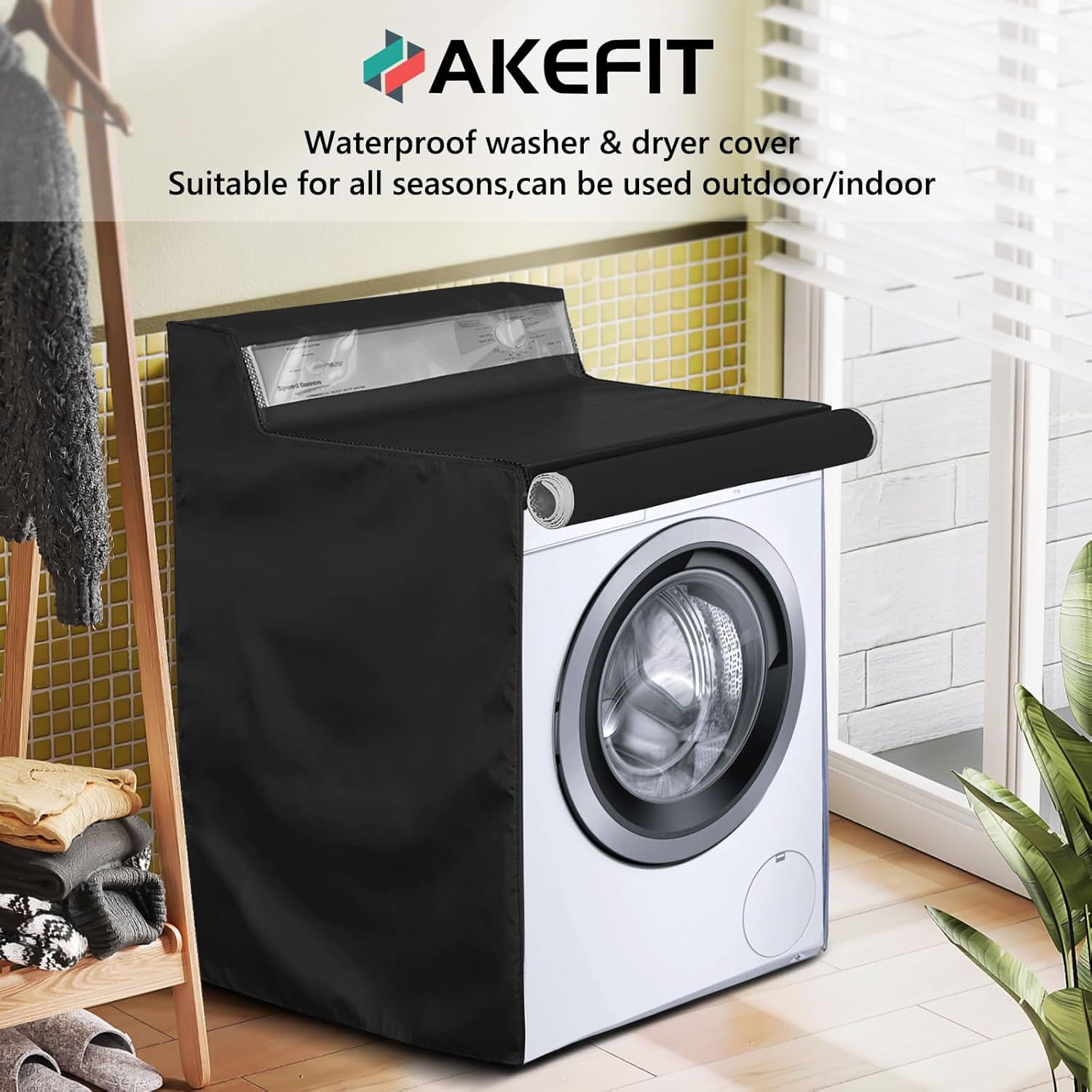 ABPETE 1 Pack Washing Machine Cover, Waterproof Dustproof Washer Dryer Cover with Zipper and Perspective Window ,Fit for Front Load or Top Washer and Dryer 27"Wx26"Dx43"H,Black