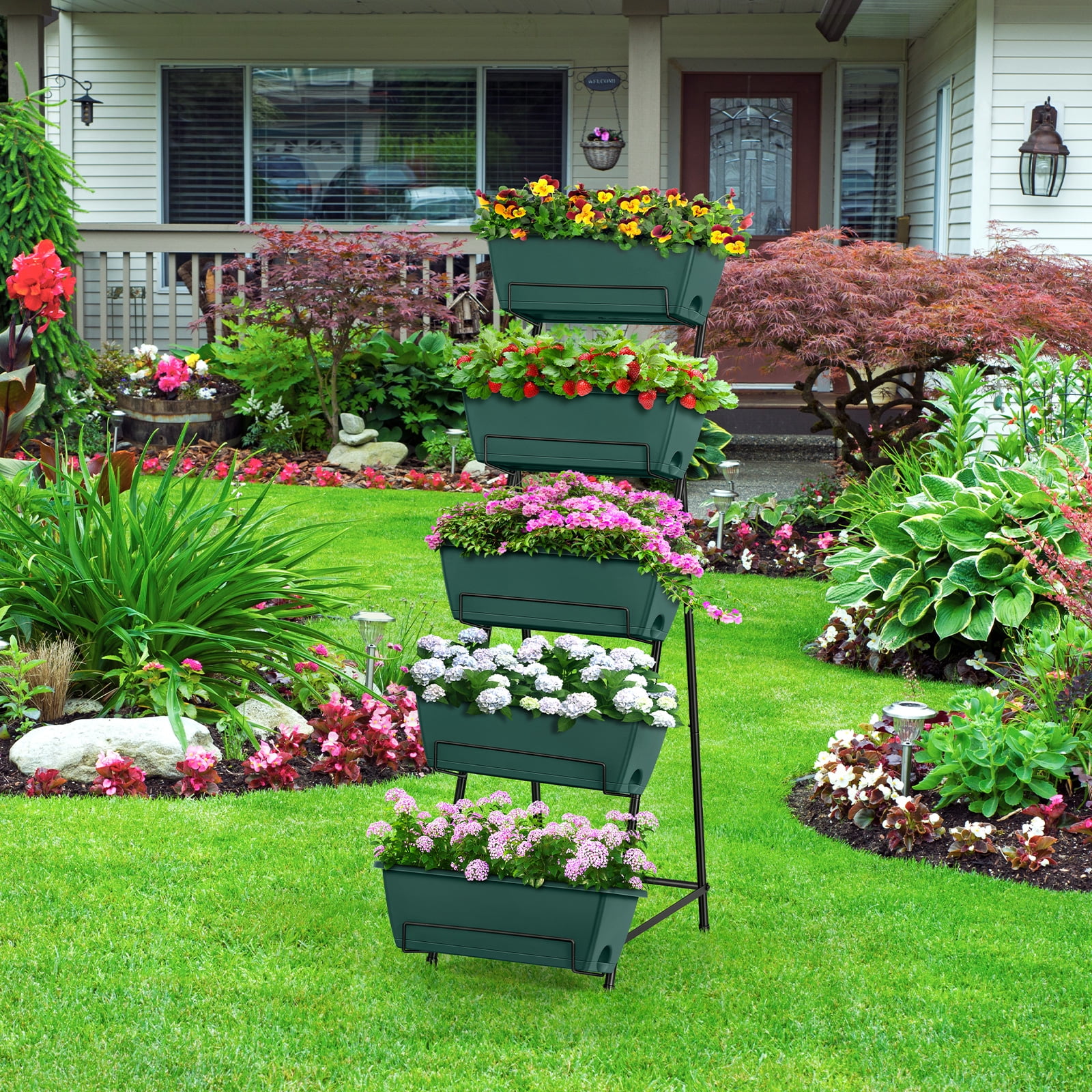 Vertical Raised Bed Outdoor Planter 5 Tier Brick Green Metal