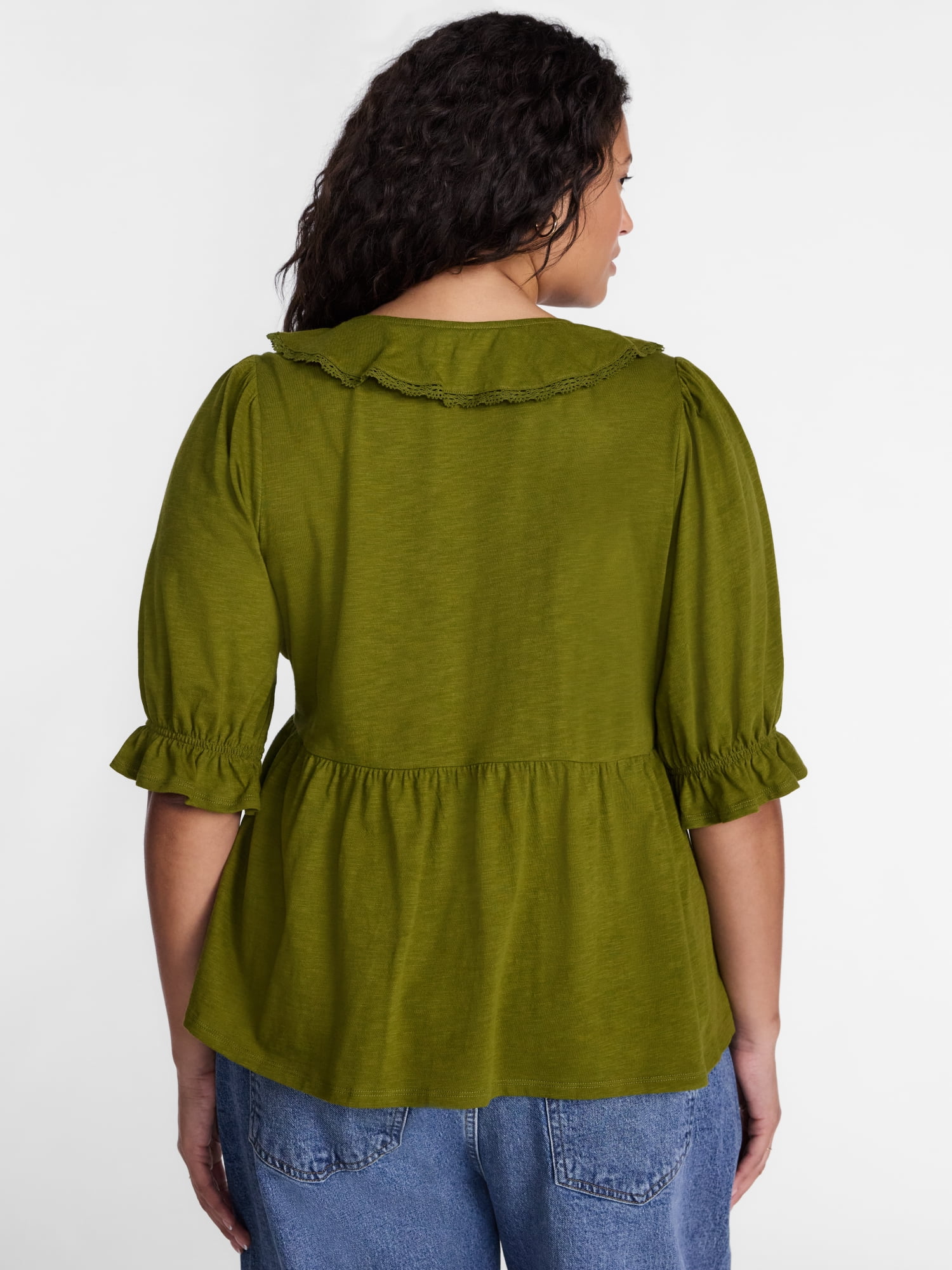 Terra & Sky Women’s Plus Ruffled Cotton Blouse with Elbow-Length Puff Sleeves, Sizes 0X-5X