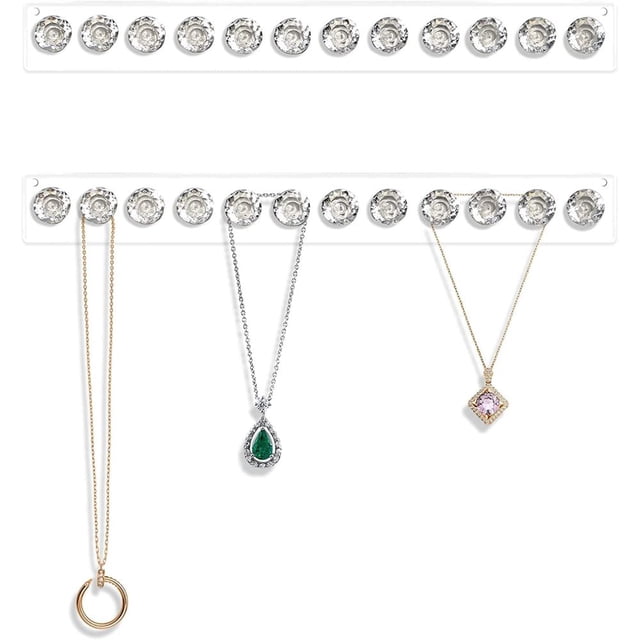 Ficarrico Colgador de pared para joyería, collar, joyería, aretes, pulseras, gabinete de almacenamiento de acrílico transparente con 12 ganchos de diamantes para dormitorio,