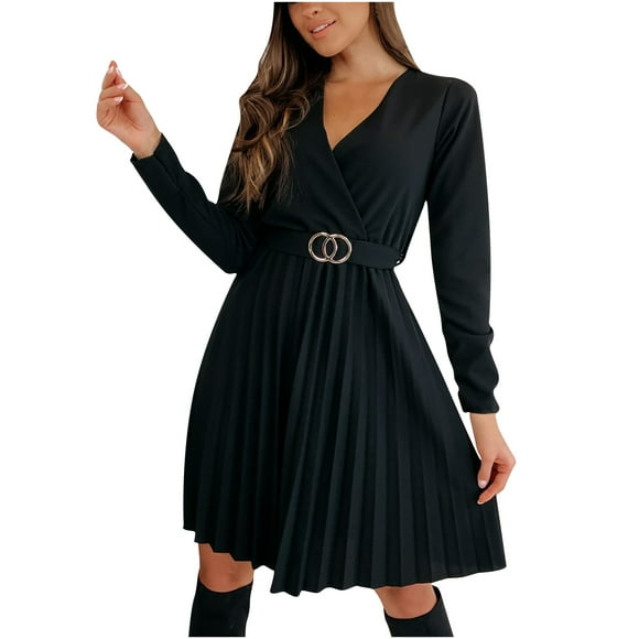 Pompotops Women Sexy V-Neck Long Sleeve Solid Color Pullover Fall Knee-Length Dress With Belt