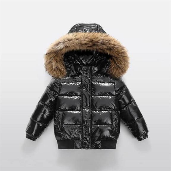 Boys Girls Winter Coat Padded Parka Jacket Thicken Puffer Jackets Coats Kids Teen Faux Fur Hooded Winter Down Windbreaker Snow Jacket Warm Windproof Outwear with Zipper and Pocket Black 2-3Years