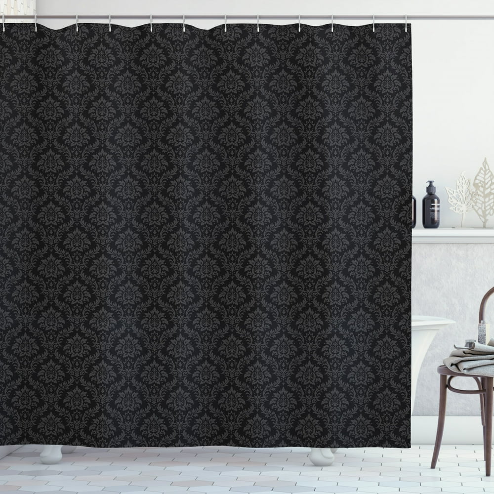 Black and Grey Shower Curtain, Flourishing Traditional Damask Style
