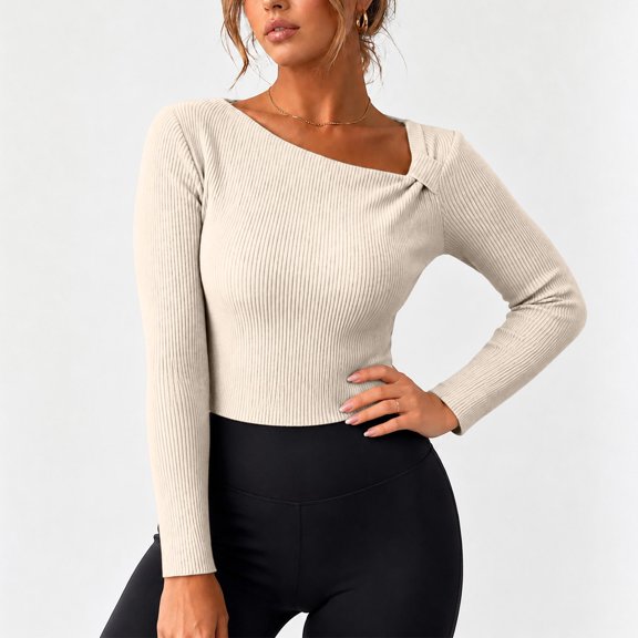 Womens Fall Long Sleeve Tops Asymmetrical Y2K Slim Fit Cropped Pullover Casual Basic Ribbed Knit Tops Going Out Fall Winter Outfits