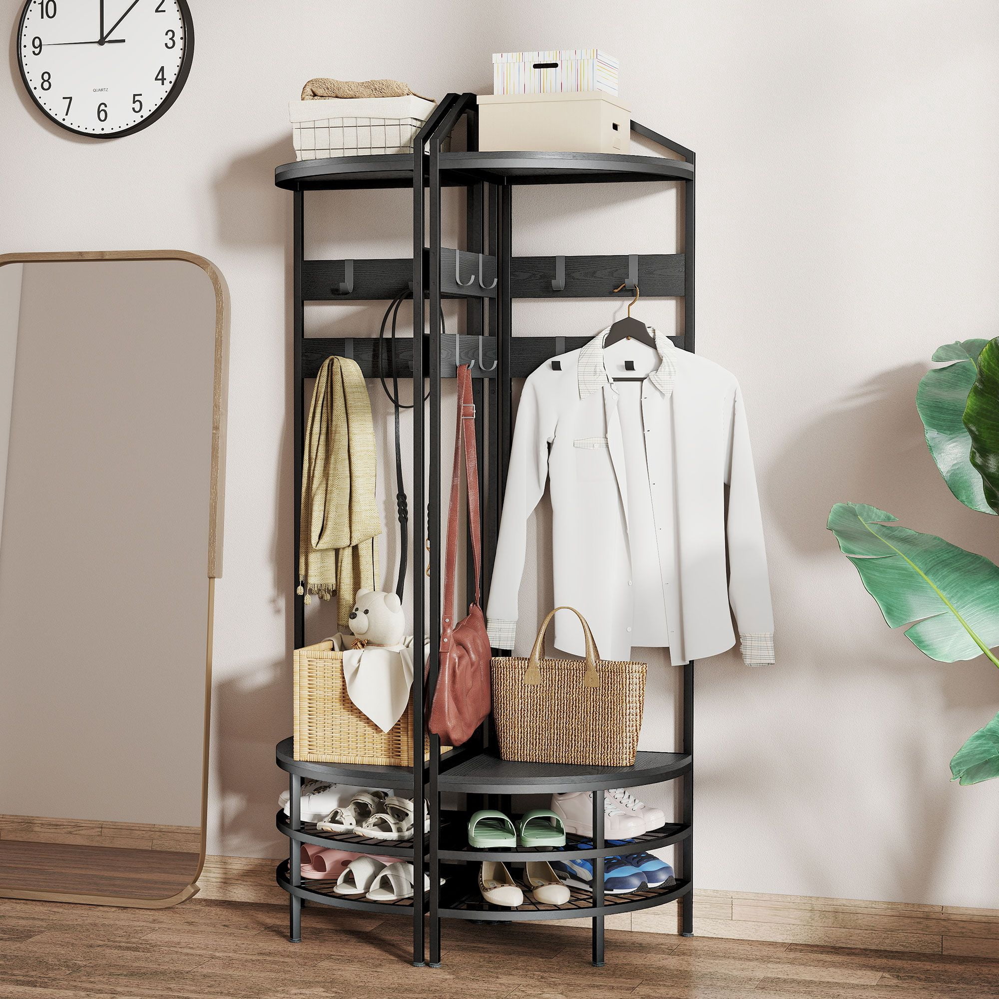 17.7IN Corner Hall Tree with 8 Movable Hooks Shoe Rack Shelves Industrial Style Entryway Organizer