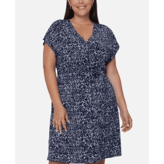 Nicole Miller Women's Faux Wrap Knit Stretch Dress, Navy/White, Size XXL