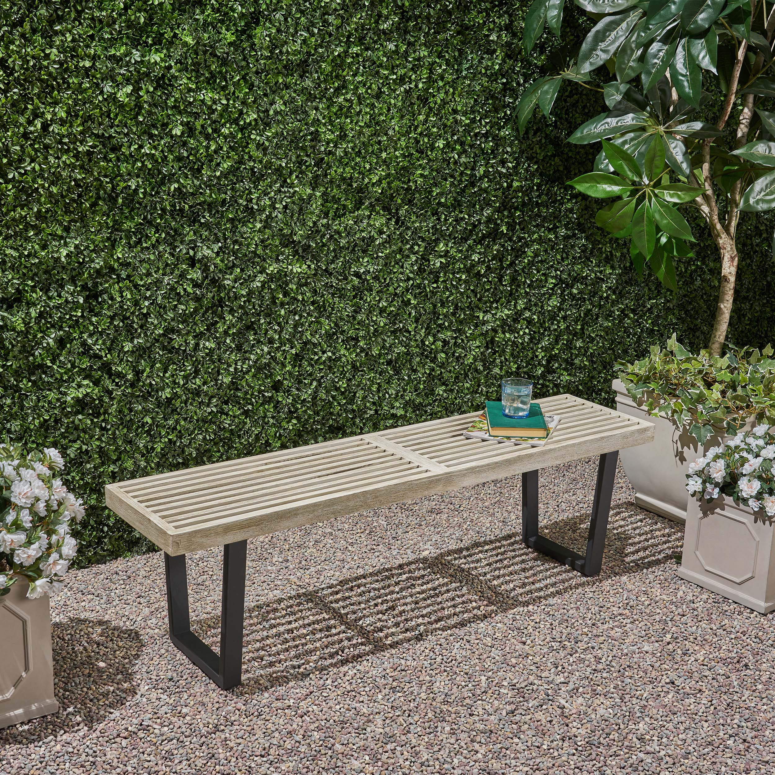 Outdoor Bench with Acacia Wood Seat and Iron Legs, Patio Dining Bench and Garden Seating for 3 People, Light Gray Wash and Black