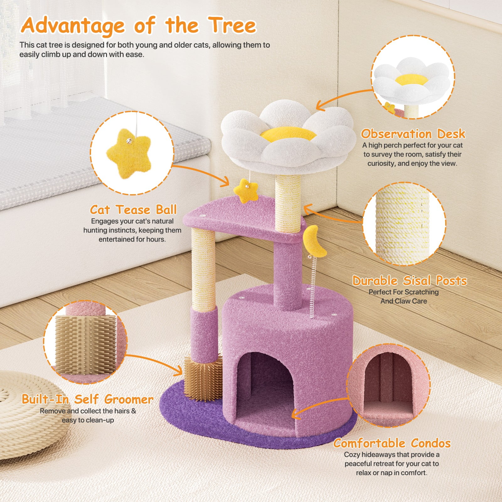 OSM 33-inch Floral Cat Tree for Indoor Cats, Compact Cat Tower with Scratching Posts, Cozy Condo, Flower Perch & Dangling Toys for Kittens & Small Cats, Purple