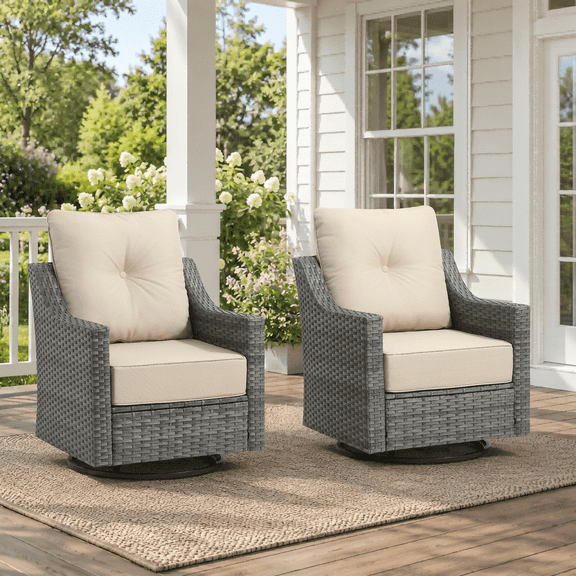 BelvaraHome Outdoor Wicker Swivel Patio Chair Set, 2-Piece, 6-inch Cushions, Grey and Beige