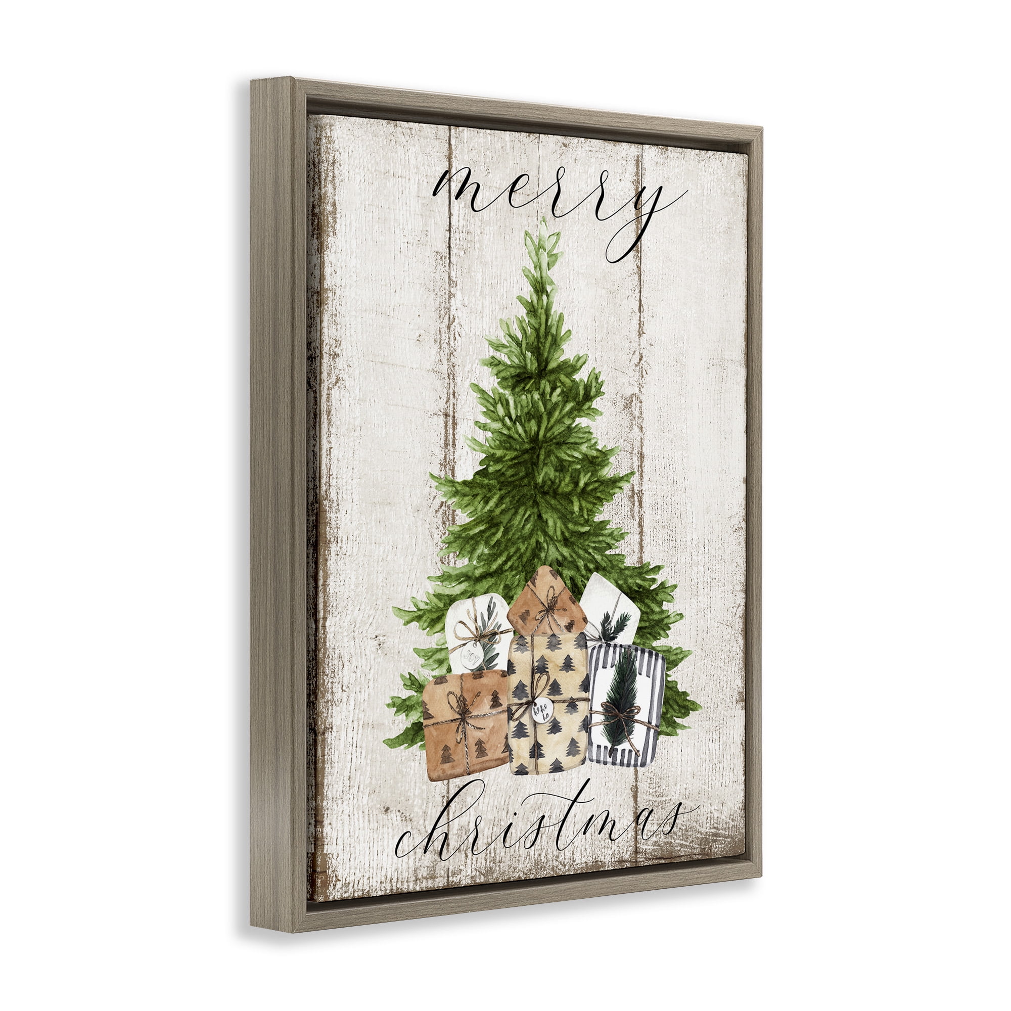 Stupell Industries Rustic Distressed Christmas Tree Holiday Painting Brown Floater Framed Canvas Art Print Wall Art, 25 x 31