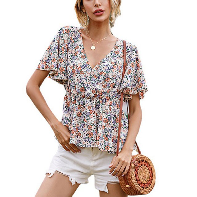 Blusa azul cielo de manga corta con escote en V profundo, talla M Túnica con estampado floral y mangas con volantes