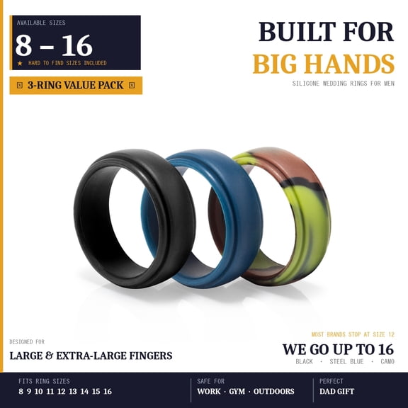 Dad's Ring Silicone Waterproof Hypoallergenic Rubber Wedding Ring for Men, Black/Blue/Camo, Size 9