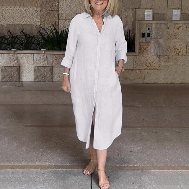 mfyjkho Vestidos de verano para mujer, Vestido largo liso de manga larga con cuello en V y botones para mujer, informal, de verano Vestidos de fiesta para mujer xxl