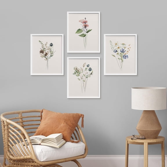 PixonSign 4 PCS Flowers Posters Framed Canvas Prints Forest Wildflower Wall Art Set Collage Floral Botanical Print Nature Illustrations Country/Farmhouse Rustic Cozy Zen Decor - 12"x16" White