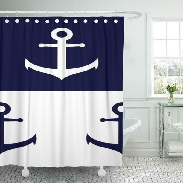 CYNLON Coastal Nautical Stripes and Anchor Pattern Blue White Bathroom