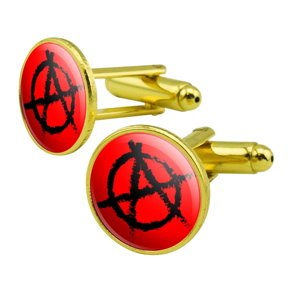 Anarchy Symbol Red Round Cufflink Set Gold Color