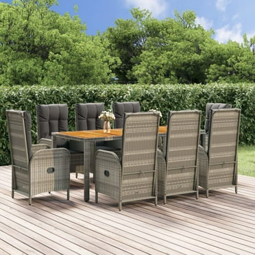 vidaXL 9 Piece Patio Dining Set with Cushions Gray Poly Rattan