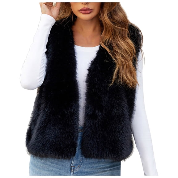 larppty Women's Faux Fur Waistcoat Vest Fuzzy Sleeveless Open Front Outwear Winter Warm Fluzzy Vest Jacket Coat (Black, 3XL)