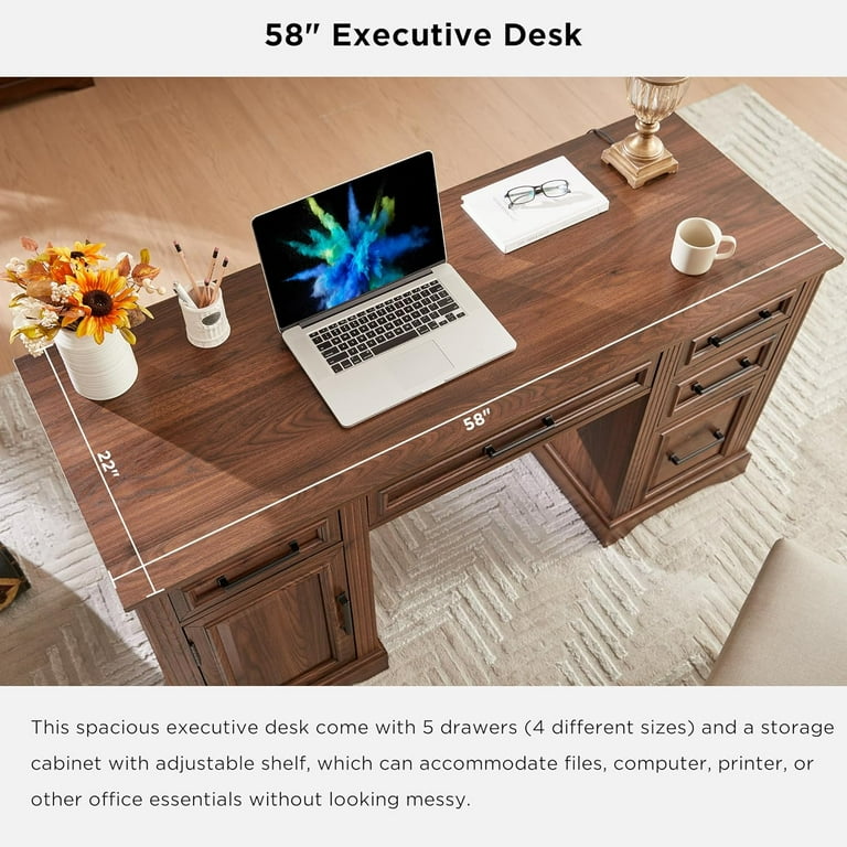T4TREAM Executive Desk with Drawers and Storage Cabinet Brown