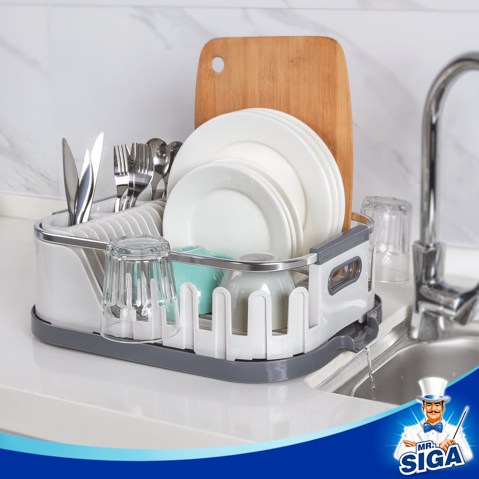MR.Siga Dish Drying Rack for Kitchen Counter, Compact Dish Drainer with Drainboard, White