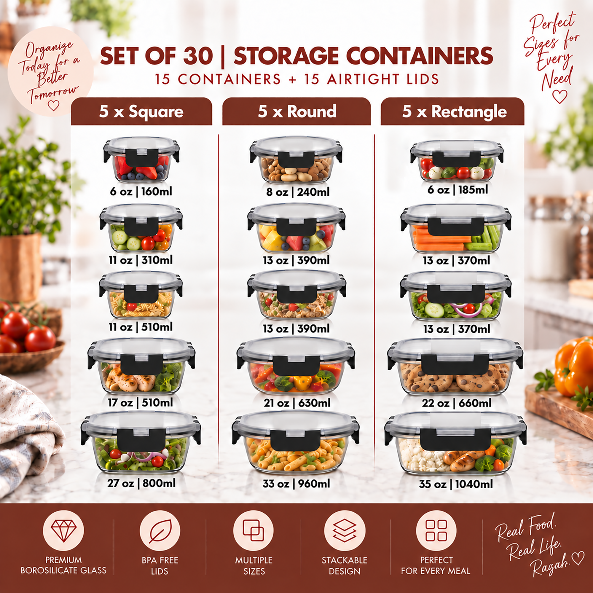 Razab 15-Piece Borosilicate Glass Food Storage Container Set photo 6