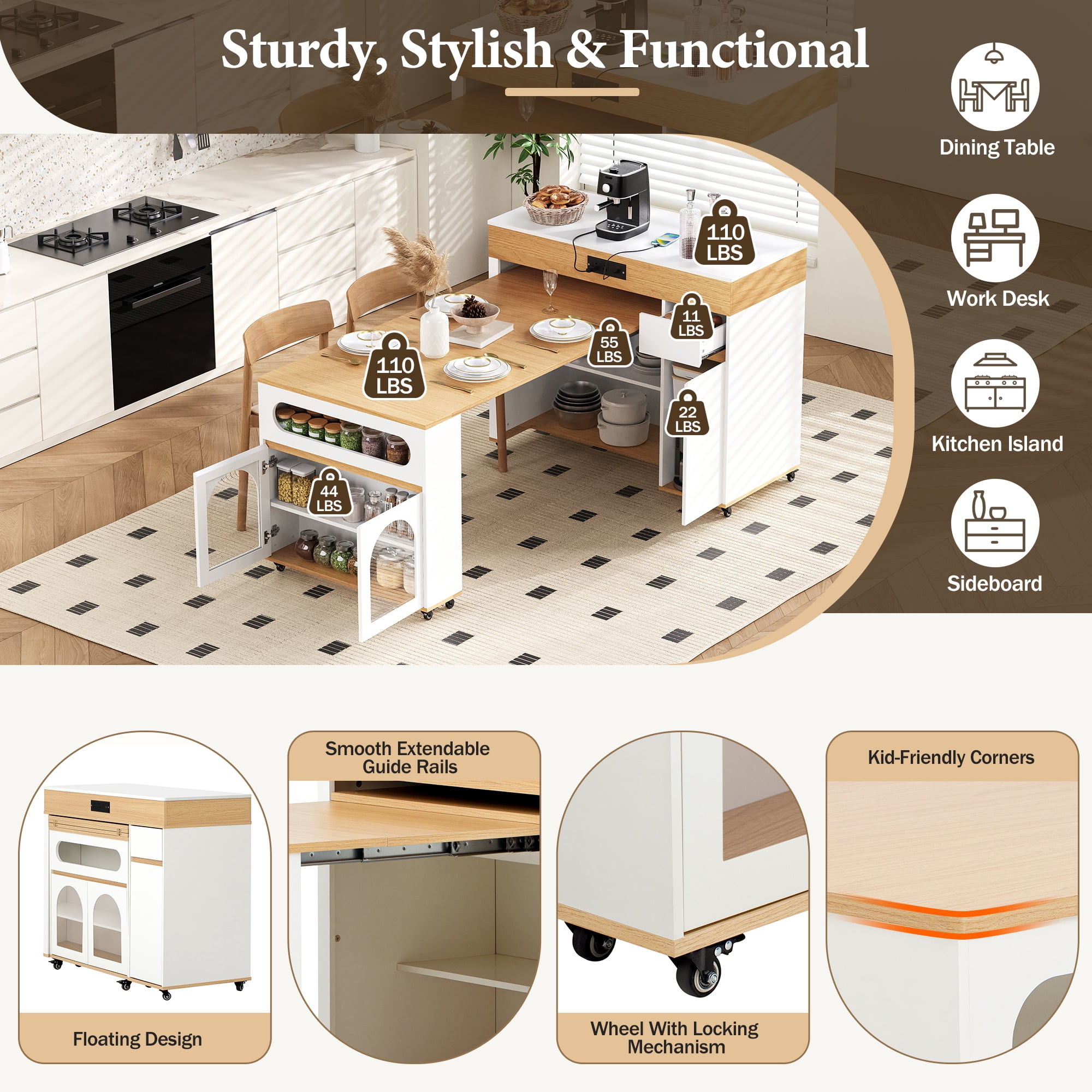 MODERNLUXE Extendable Dining Table with Extra-Long Folding Tabletop, Rolling Kitchen Island with Drawers,Power Outlet and Brake lock, Sideboard Storage Cabinet for Kitchen, Dining Room,Natural