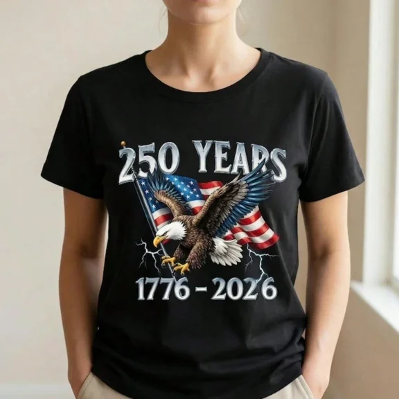 USA 250 Years 1776-2026 Patriotic Bald Eagle American Flag Graphic T-Shirt for Adults
