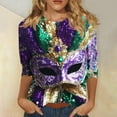 thumbnail image 1 of RKSTN Mardi Gras 3/4 Sleeve T Shirts for Women Top Oversized Crewneck Carnival Mask Print 3/4 Length Sleeve Shirt Womens Casual Round Neck Mask Tuesday Carnival Party Three Quarter Sleeve Tee Shirt, 1 of 5
