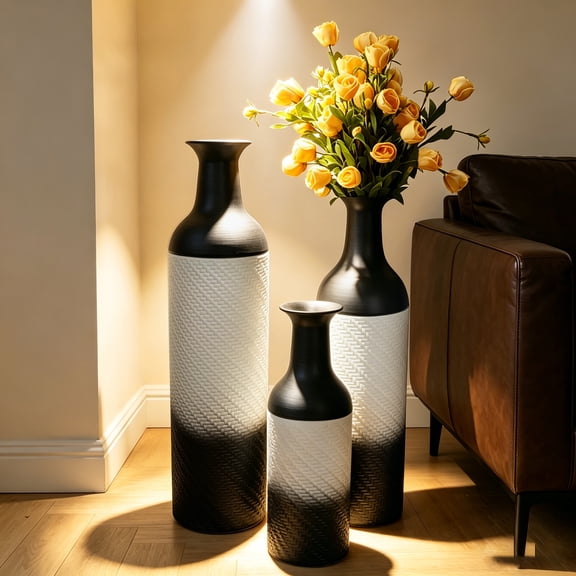 Set of 3 Black & White Leaf Pattern Metal Floor Vases, Tall Decorative Vases for Living Room Entryway Home Decor