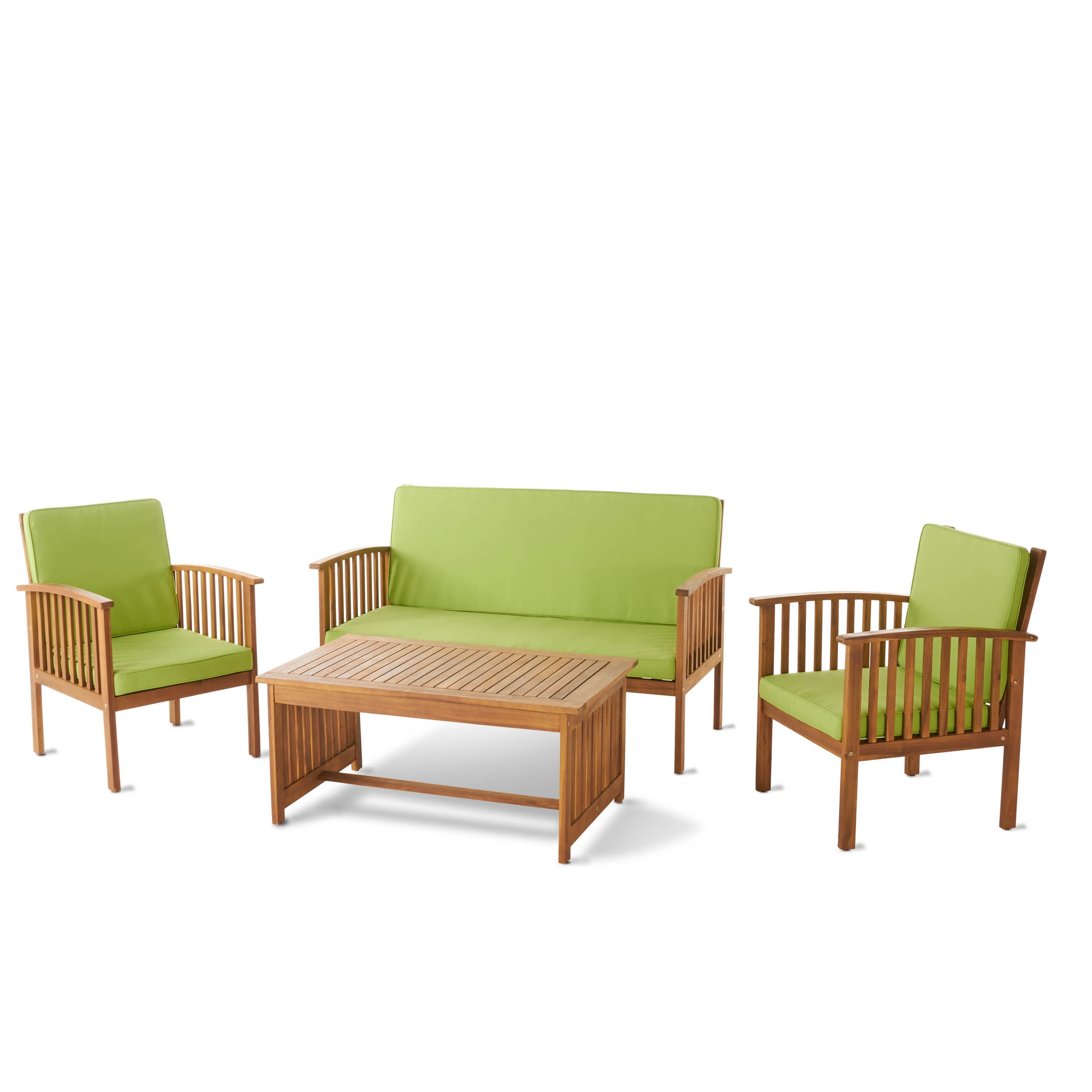 Sparks Outdoor 4 Piece Acacia Wood Sofa Set with Cushions, Brown Patnia, Light Green