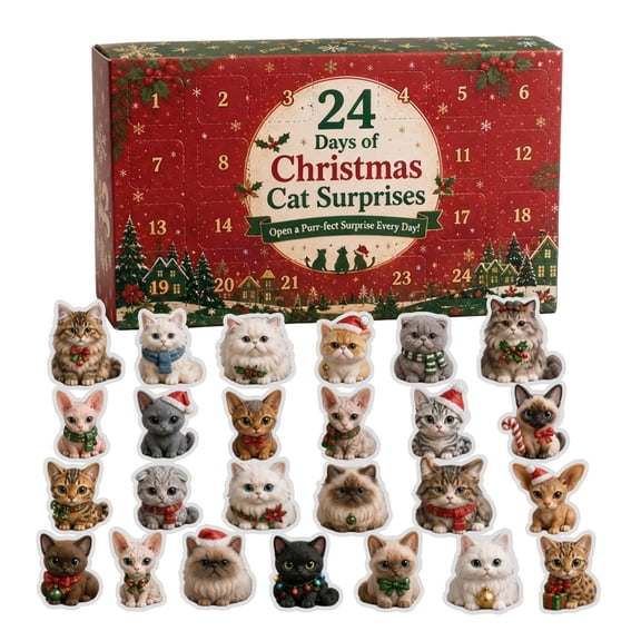 Cat Advent Calendar 2026, 24 Day Christmas Countdown Surprise Box with Cat Figures, Holiday Collectible Ornament Set for Cat Lovers Family Gift and Decoration