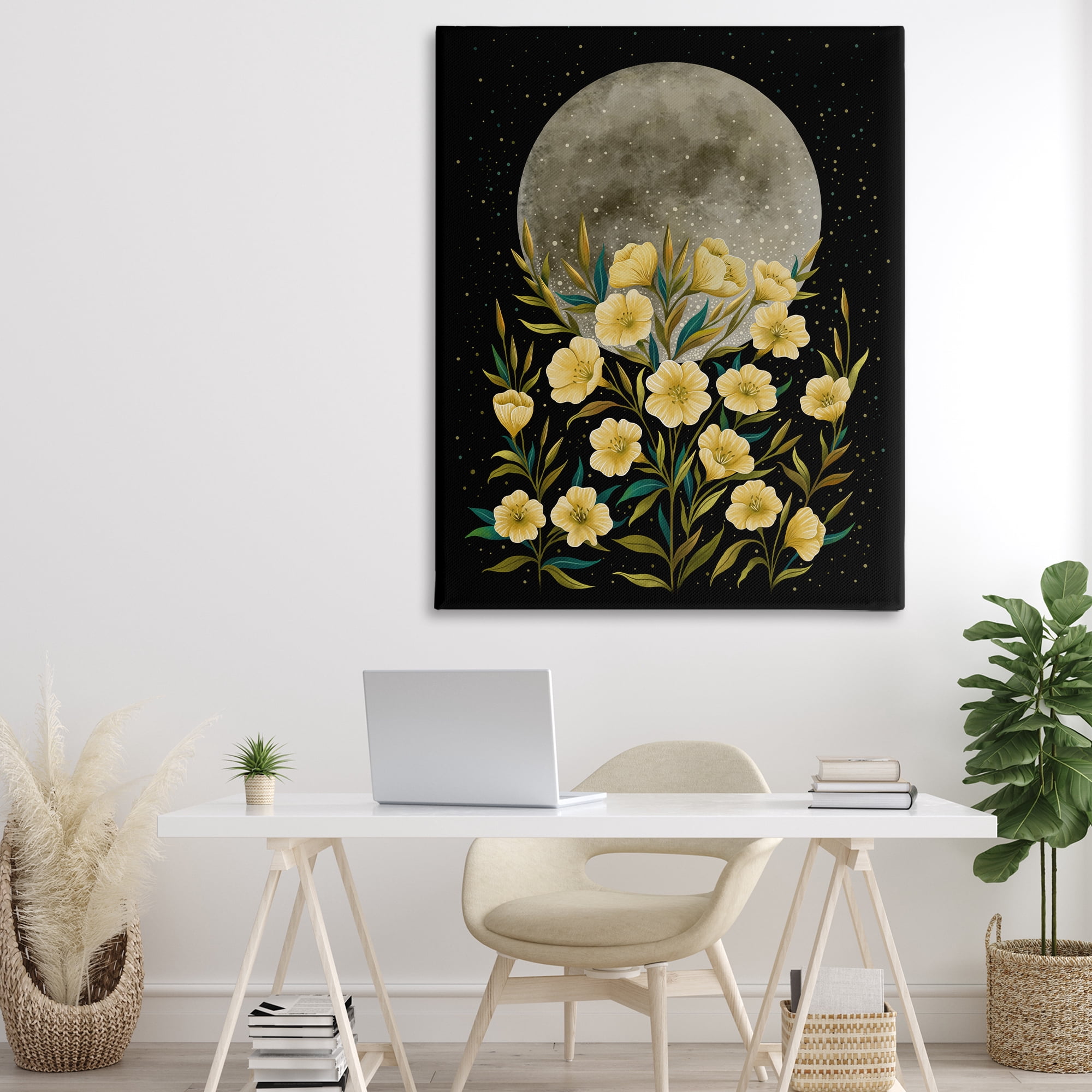 Stupell Industries Moon Greeting Yellow Flowers Canvas Wall Art, design by Episodic Drawings