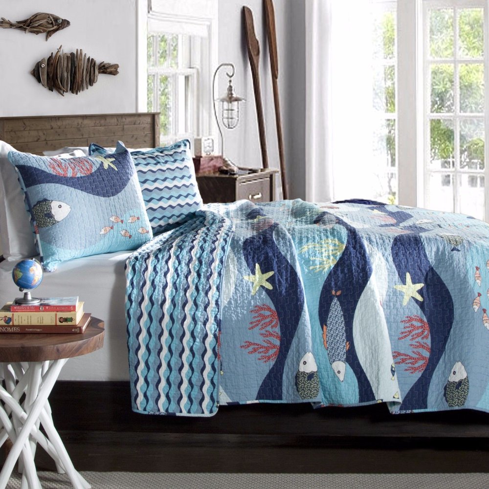 Tropical Fish, Beach House, Nautical, Cottage, Twin Quilt & Sham Set (2