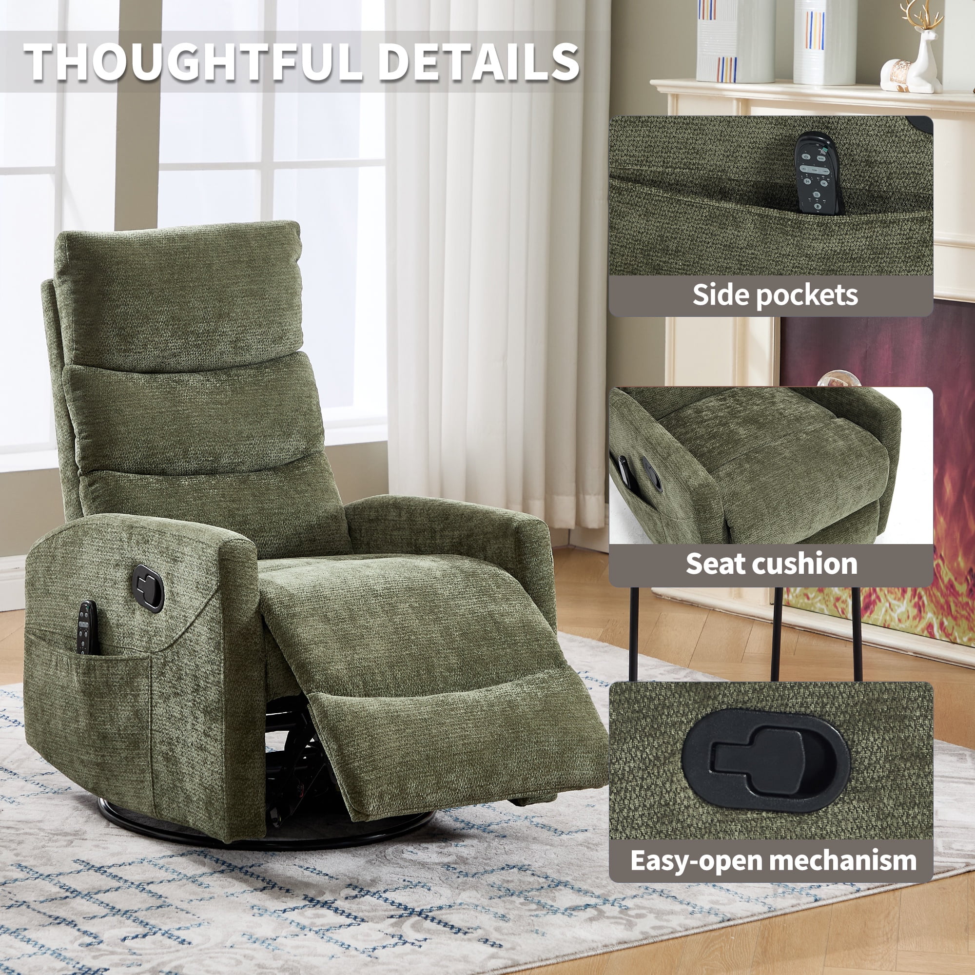 PAPROOS Rocker Recliner with Heat and Massage, Fabric 360°Swivel Rocker Recliner, Glider Rocking Chair for Nursery, Small Manual Recliner with Side Pocket for Home Theater Living Room, Green
