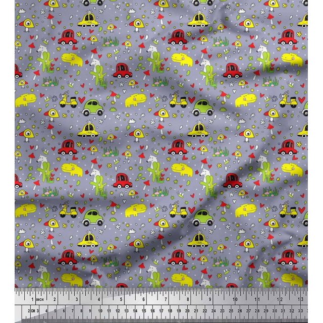 Soimoi Polyester Crepe Fabric Heart,Vehicles & Animals Cartoon Printed Fabric 1 Yard 52 Inch Wide