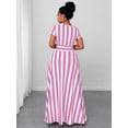 thumbnail image 2 of Plus Size Womens Pink And White Striped Deep V-Neck Cap Sleeve Maxi Dress With Waist Tie, 2 of 7
