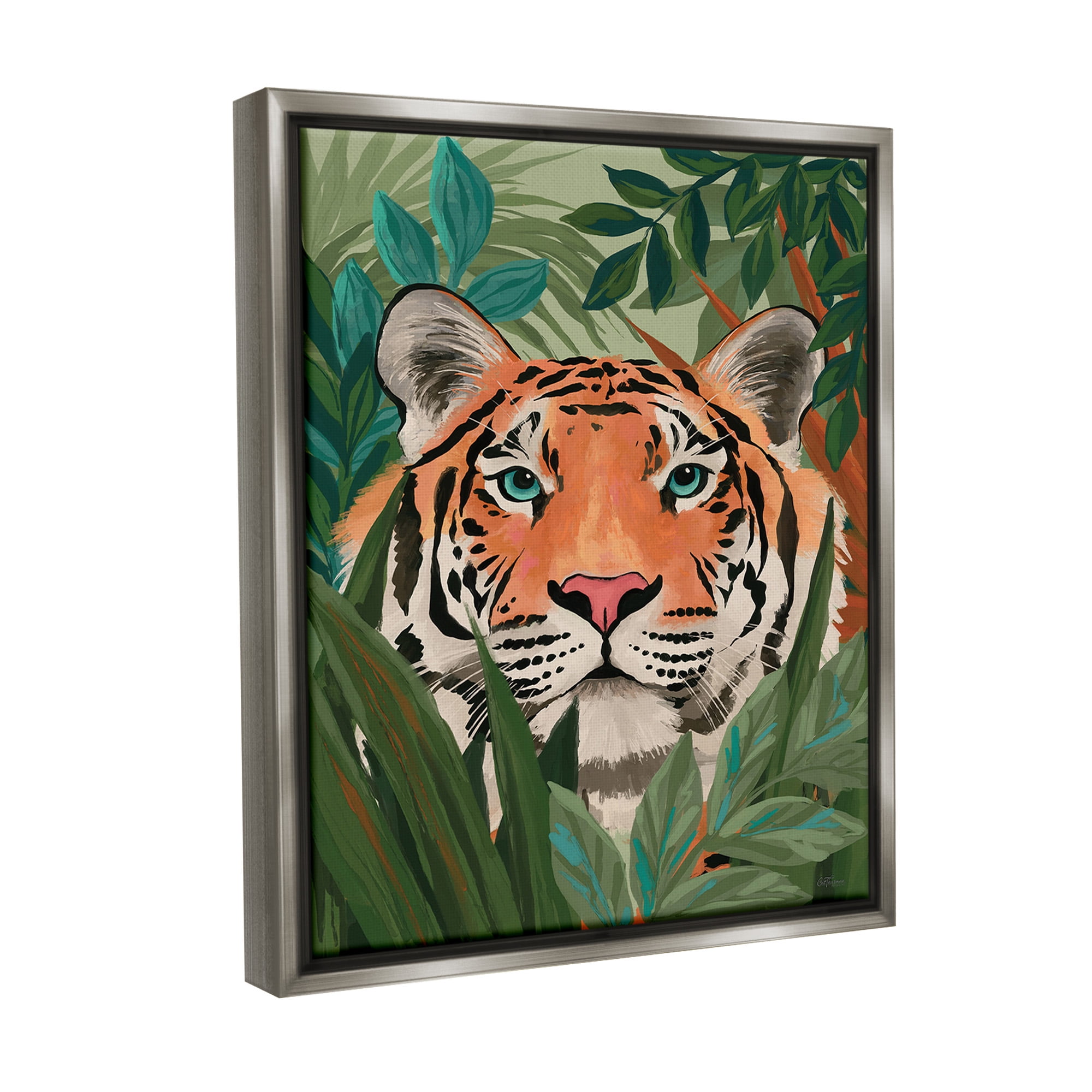 Stupell Industries Tiger Peeking in Leaves Animals & Insects Painting Gray Floater Framed Canvas Art Print Wall Art, 17 x 21