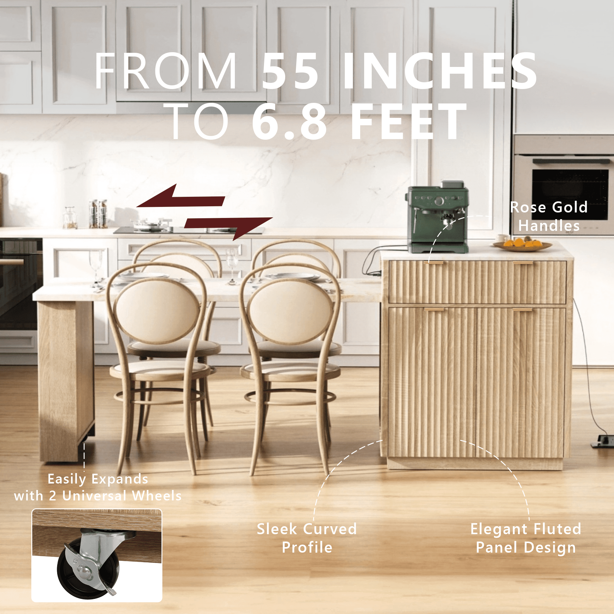 82.6" Fluted Kitchen Storage Island with Extendable Dining Table for 4-6 - Kitchen Table with Power Outlet, Double-Side Storage, 2 Drawers & 2 Side Open Shelves