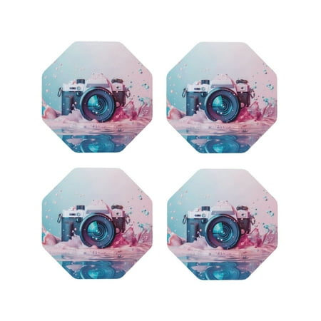 

Leather Coasters with Heat-resistant for Drinks Vintage Camera Splash Art -标题2 Octagon