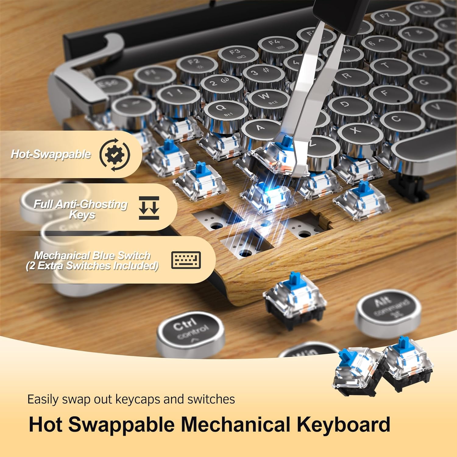 Wireless Mechanical Gaming Keyboard with Bluetooth 5.0, Vintage 83-Key Design, Blue Switches, Punk Round Keycaps, LED Backlight, Compatible with PC/Laptop/Tablet/Phone, Wood Frame