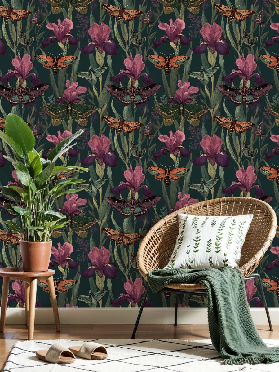 Peel and Stick Wallpaper Moths Butterflies Iris Flowers Dark Botanical Seamless Wall Mural 23.6in x 9.8ft Self Adhesive Removable Wall Paper Renter Friendly Wallpaper for Bedroom Nursery Living Room