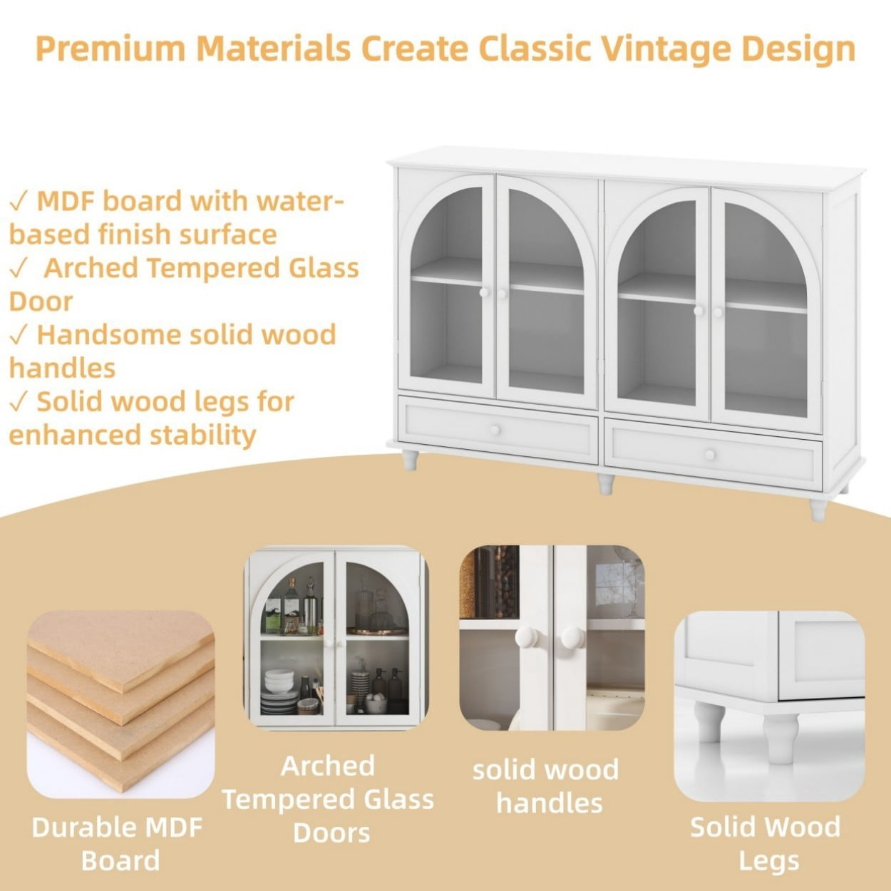 White Arched Glass Sideboard Cabinet, Buffet Storage Cabinet with 4 Glass Doors & 2 Drawers, Adjustable Shelf Credenza for Kitchen Dining Room Living Room