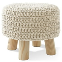 Hand-Knitted Cotton Pouf Ottoman Footstool, 13" Round x 11" High, Boho Accent Footrest with Non-Skid Legs, Foot Stool and Extra Seating, Natural