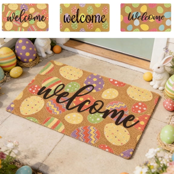 Easter Egg Faux Coir Outdoor Doormat, Absorbent Non-Slip Welcome Mat for Home Entryway, Front Door Rug for Spring Decor, Natural Coir-Like Texture that Traps Dirt, Easter Egg Design, 24*16in, E