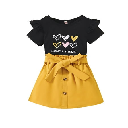 

Toddler Baby Girls Summer Set Short Ruffled Sleeve Printed Tops Solid Color Skirt Outfits Set Kids Child Clothing Streetwear Dailywear Outwear